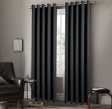 Pair of EYELET Ring Top Plain Thermal BLACKOUT LINED Curtains with Tie Backs