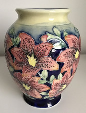 Vintage Old Tupton Ware Hand Painted & Tube lined  Blue/Pink Lily Vase 8" Tall