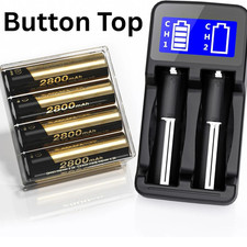 4 Pack 3.7 V 18650 Rechargeable Battery Button Top with Charger,  Lithium-Ion