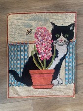 Embroidered Panel  Cat with Bee and Flowers Tapestry Needlework Sewing Picture 