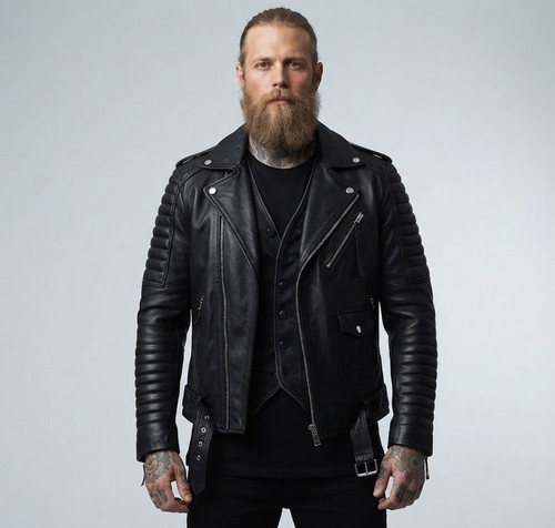 Men black leather biker - black,