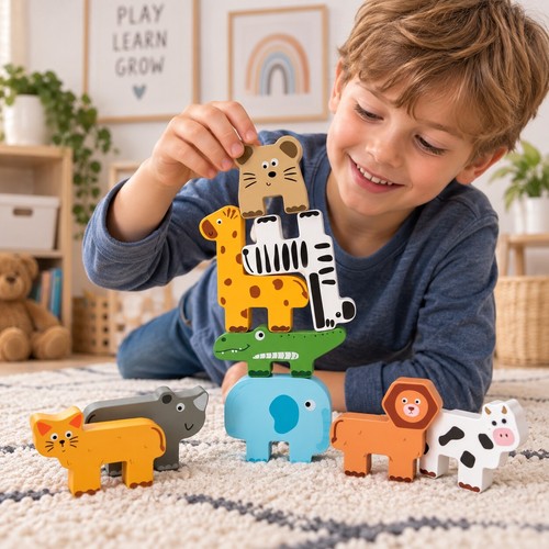 Wooden animal stacking blocks - stacking,