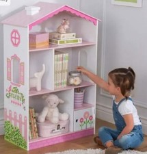 KidKraft Dollhouse Cottage Bookcase – Pink & White Wooden Storage Shelf