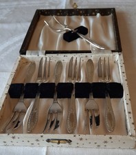 Vintage Boxed Set of 6 Cake Forks + Serving Fork Silver Plated c1960s / 1970s