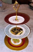 3tier Vintage Mismatched Cake Stand / Display / Red & Gold / Pre-owned