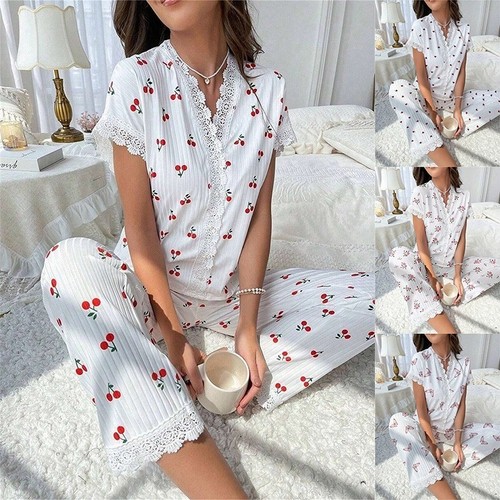Ladies pyjamas set lace floral - lace,