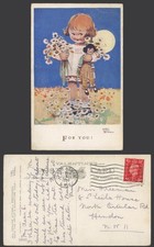 MABEL LUCIE ATTWELL 1938 Old Postcard Girl with Doll, Daisy Flowers For You 3860