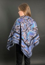 Liberty Of London Print Vintage Large Fine Wool Blue Black Shawl Scarf Retro