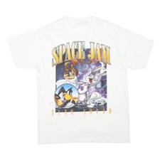 Mens White Space Jam Graphic T-Shirt M Short Sleeve Crew Neck Cartoon Print
