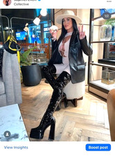 Black Shiny LATEX EFFECT THIGH HIGH Platform Boots * 4 * uk  DOMINATRIX * FXTISH