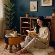 Round Vintage Patchwork Leather Footstool– Pommel Style Footstool with Wood Legs