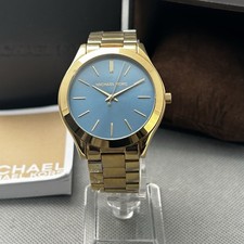 Michael Kors Womens Watch MK-3265 Slim Runway Gold Blue Dial S.Steel New Battery