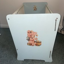 Vintage Triang Dolls Cot, Adjustable Side Original Sticker Bear Design Pale Blue