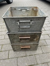 Vintage Engineers Factory Storage Bins. Stackable Metal Tote Tins. Set of 3