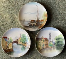 Vintage Set Of 3 x Porcelain Wall Plates, Canal Scenes, Gold Rimmed, 15.5 cm