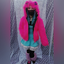 Bright pink faux fur jacket  with teady Bear Ears size 8-10 coat hoodie