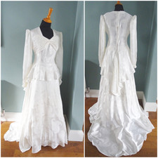 Vintage Wedding Dress Gown 1940s Ivory Brocade Peplum Train Bride Bridal Ladies