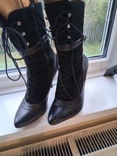 Victorian 3" Heel Black Lace Up Side Zip Boots Size 7 Made In Brazil By Dune