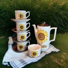 Vintage Ironstone Tableware Sunflower Pattern Coffee Pot Set Cups & Saucers 