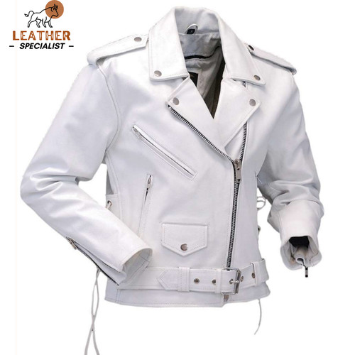 Women white leather biker - women's,