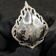 BROOCH Siamese Vintage Stirling Silver 9g Temple Dancers Black Enamelled Pin