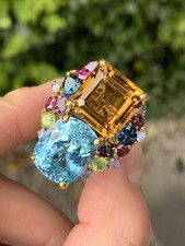 Silver Blue Topaz Citrine Multigem Incredible Large Designer Ring ￼