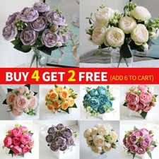 9 Heads Artificial Flowers Silk Peony Bouquet Rose Wedding Home Party Decor UK