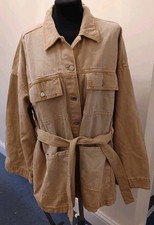H&M Ladies Beige Denim Button Up Jacket With Tie belt, 4 pockets Size Large  New
