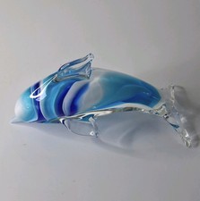 6" MUNRANO STYLE ART GLASS DOLPHIN PAPERWEIGHT IN BLUE AND WHITE  60