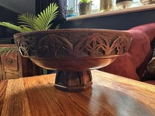 Vintage Hand Carved Wooden Pedestal Bowl Decorative Footed Centerpiece 22.5cm