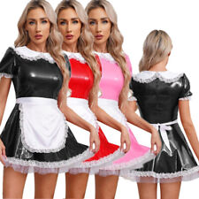 UK Lady Sexy Maid Uniform Costume Wet Look Lace PVC Leather Cosplay Ruffle Dress