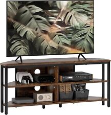 Corner TV Stand Rustic Brown 2 Tier Open Shelves Media Cabinet Black Steel Frame