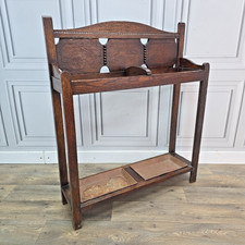 Antique Arts & Crafts Oak Hall Umbrella Stick Stand - Beaded Solid Wood Display