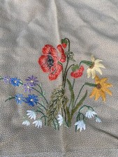 LONG VINTAGE LINEN EMBROIDERED FLOWERS FLORAL  HAND STITCH SOFA BACK CHAIR COVER