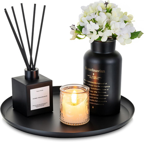 Round decorative black tray - black,