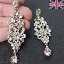 6cm Big Vintage Style CRYSTAL CHANDELIER EARRINGS silver rhinestone GLASS STONES