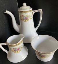 60’s Vintage Noritake Coffee Pot + Lid Sugar Bowl & Creamer Floral + Gilt Edged