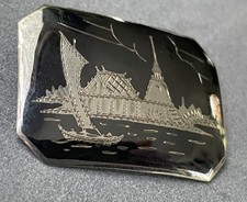 Vintage Siam Thai Black Enamel And Silver Brooch