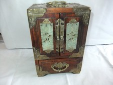 Vintage Chinese Wood & Brass Jewellery Box Cabinet Jadeite Inlays 22x15x12cm