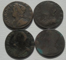 Four King George II Copper Half-Pennies S3717 Early Milled, CF?