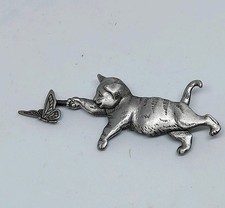 JJ Jonette Vintage Pewter Cat and Butterfly Brooch Pin