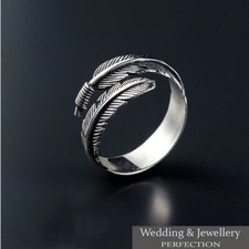 100% 925 Sterling Silver Feather Ring Band Open Finger Fully Adjustable Jewelry