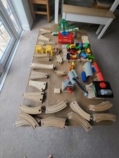 Over 100 pieces wooden train set-mixed brands - cranky crane & sodor engine wash
