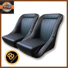 Pair BB1 Clubman Classic Car Black / Green Piping Bucket Sports Seats + Runners 