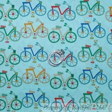 BonEful Fabric FQ Cotton Quilt Aqua Blue Water Red Retro Beach Bike Girl Cottage