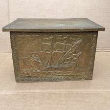 Vintage antique brass coal/tinder box embossed ship design