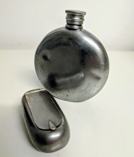Pewter hip flask - and, box