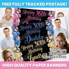 PERSONALISED PHOTO BIRTHDAY BANNER ANY NAME PARTY DECORATION GOLD BLUE PINK