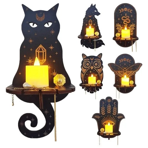 Black cat wall shelf wooden - black,