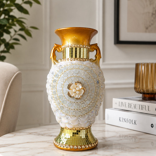 Gold white resin flower vase - resin,